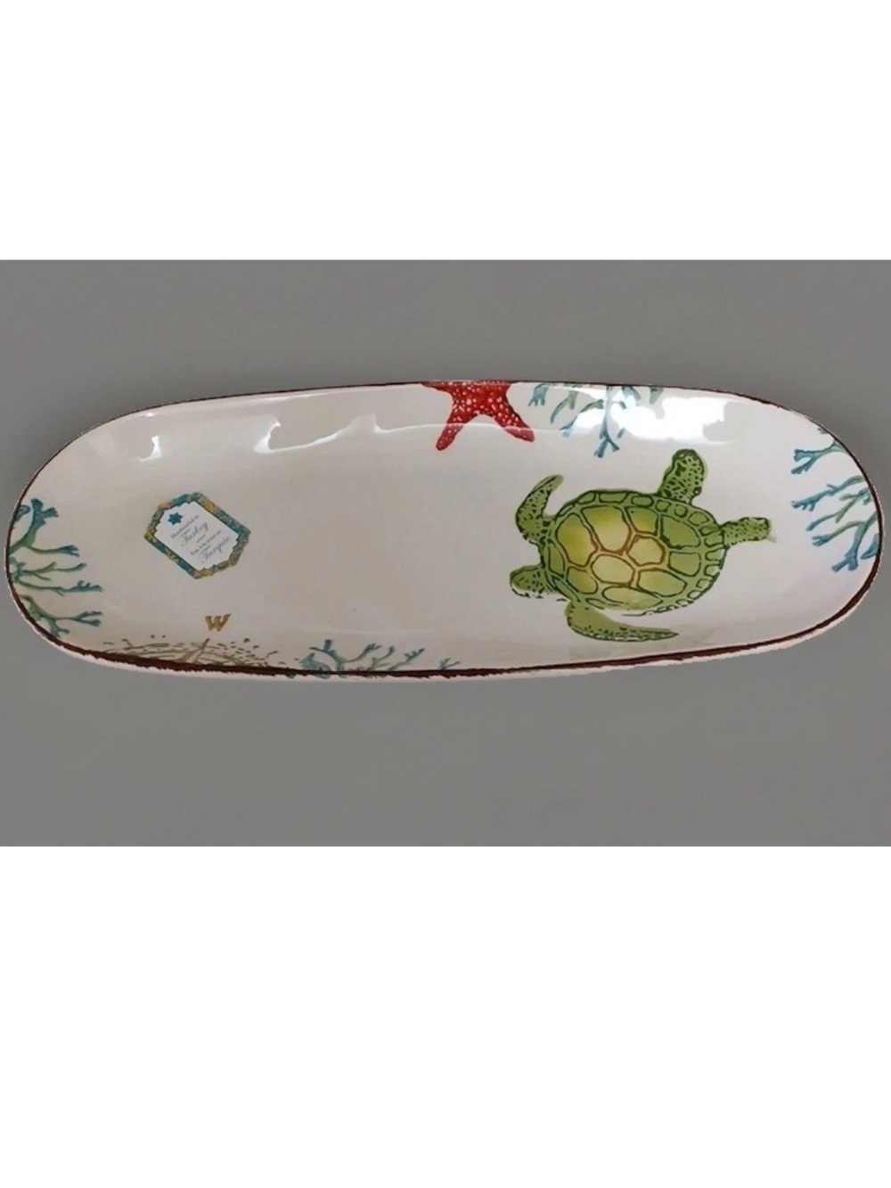 Papart Seramik Sea Life 14" x 6"  Oblong Serving Dish Turtle Starfish Coral New
